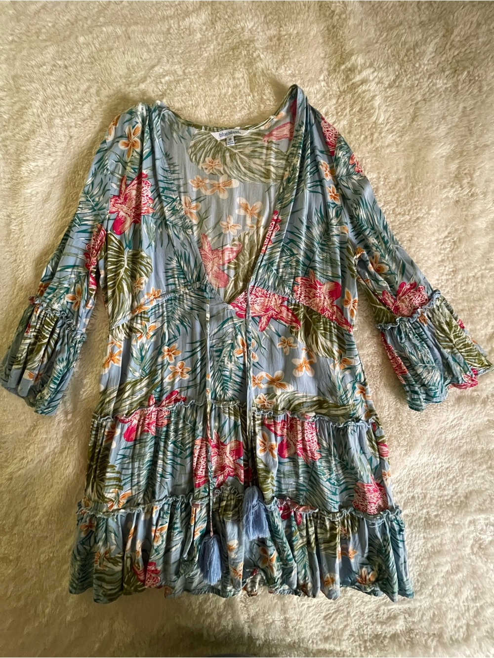 Light Blue Floral Tiered V-Neck Tunic Dress